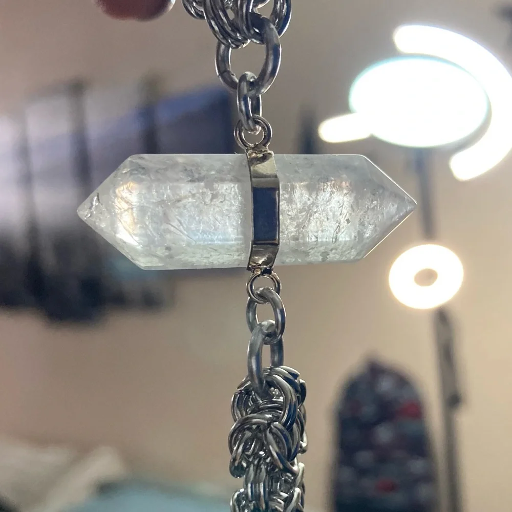 Genuine Double point clear crystal quartz maille silver boho choker necklace . - Picture 6 of 12